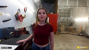 Busty Blonde Gives A Handjob To A Mechanic For Payment